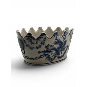 Antique Blue White Ceramic Jardiniere Ikebana Vase Flower Frog Scalloped Rim